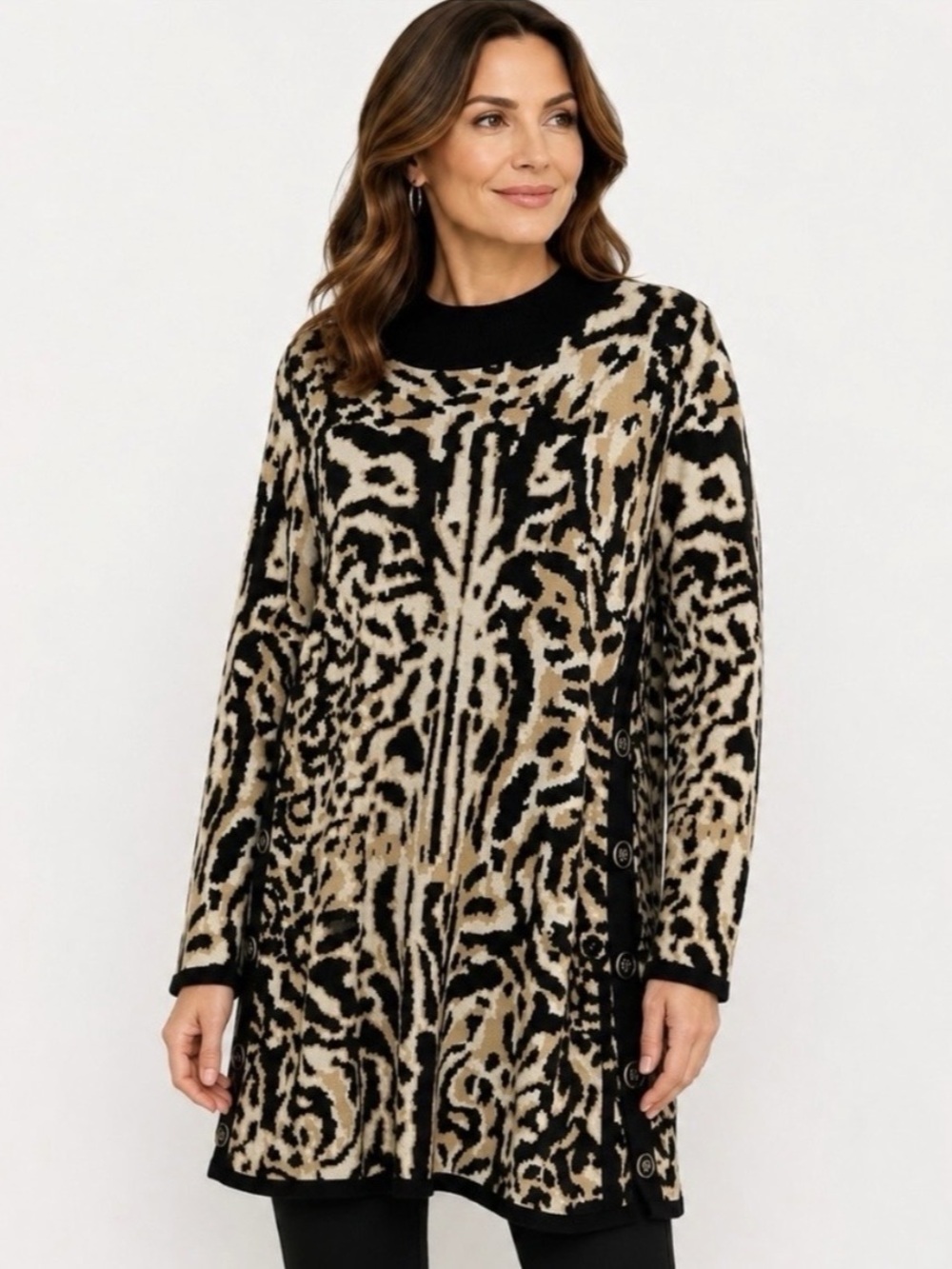 Chico's Animal Print Sweater  Black & Brown Size 1 or M Like New
